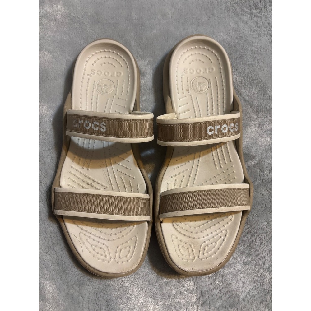 Crocs Swiftwater Tan Cream Two Strap Slide Sandals Womens Size 10